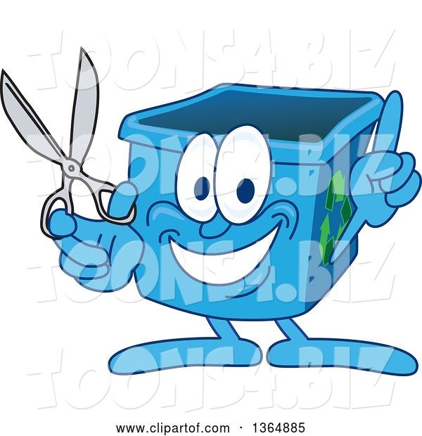Vector Illustration of a Cartoon Blue Recycle Bin Mascot Holding up a Finger and Scissors