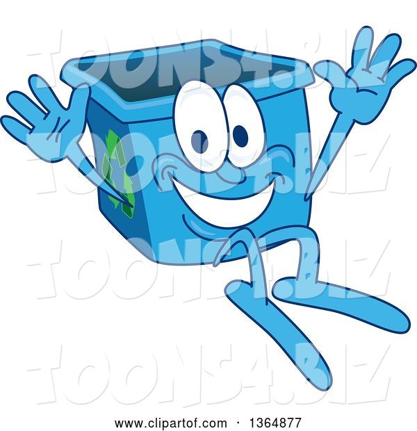 Vector Illustration of a Cartoon Blue Recycle Bin Mascot Jumping