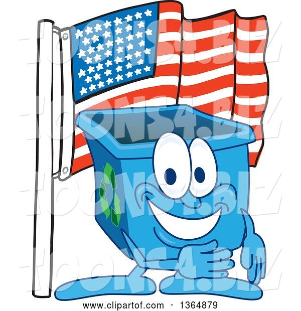 Vector Illustration of a Cartoon Blue Recycle Bin Mascot Pledging Allegiance to the American Flag