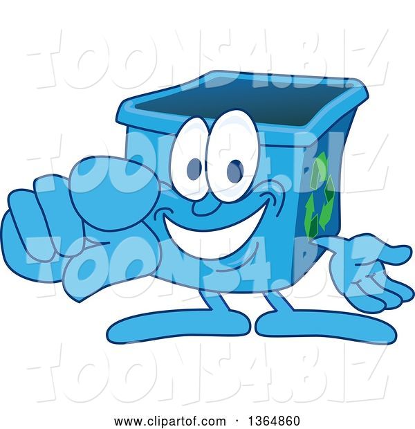Vector Illustration of a Cartoon Blue Recycle Bin Mascot Pointing Outwards