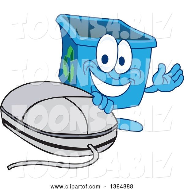 Vector Illustration of a Cartoon Blue Recycle Bin Mascot Presenting by a Computer Mouse