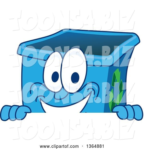 Vector Illustration of a Cartoon Blue Recycle Bin Mascot Smiling over a Sign