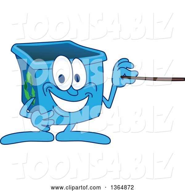 Vector Illustration of a Cartoon Blue Recycle Bin Mascot Using a Pointer Stick