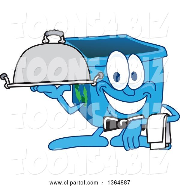 Vector Illustration of a Cartoon Blue Recycle Bin Mascot Waiter Holding a Cloche Platter