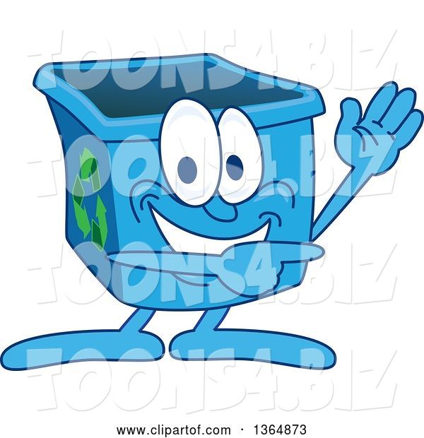 Vector Illustration of a Cartoon Blue Recycle Bin Mascot Waving and Pointing