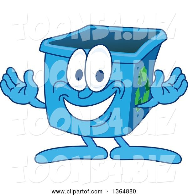 Vector Illustration of a Cartoon Blue Recycle Bin Mascot Welcoming