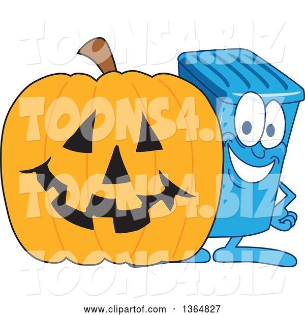 Vector Illustration of a Cartoon Blue Rolling Trash Can Bin Mascot by a Halloween Jackolantern Pumpkin
