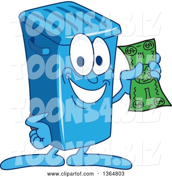 Vector Illustration of a Cartoon Blue Rolling Trash Can Bin Mascot