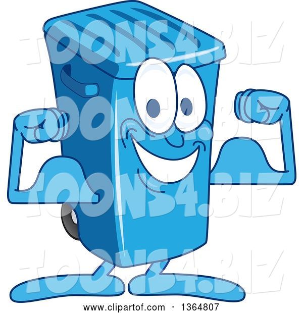 Vector Illustration of a Cartoon Blue Rolling Trash Can Bin Mascot Flexing