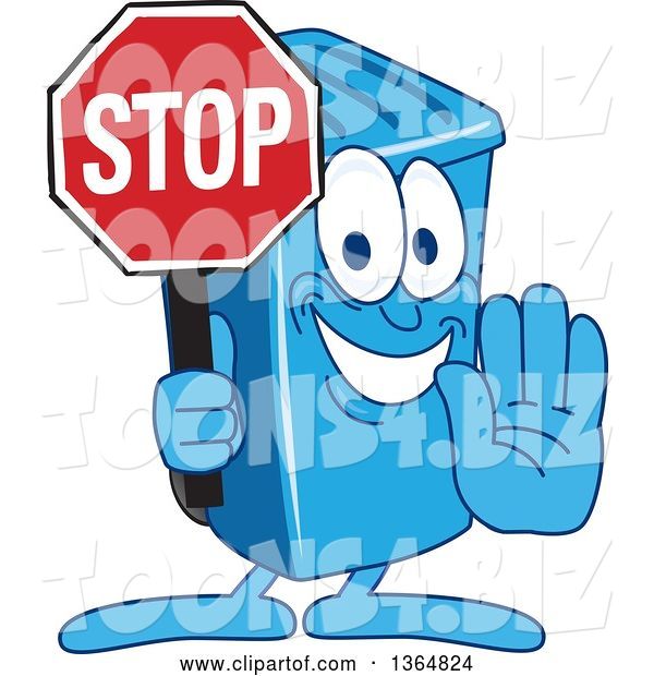 Vector Illustration of a Cartoon Blue Rolling Trash Can Bin Mascot Gesturing and Holding a Stop Sign