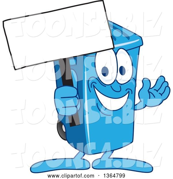 Vector Illustration of a Cartoon Blue Rolling Trash Can Bin Mascot Holding a Blank Sign