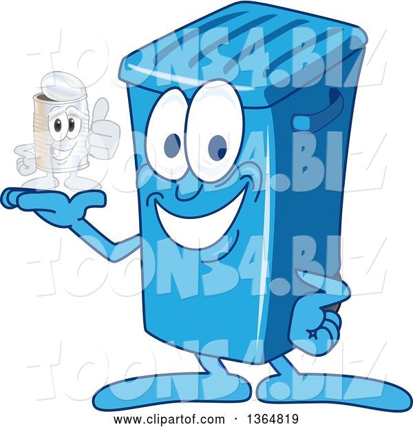 Vector Illustration of a Cartoon Blue Rolling Trash Can Bin Mascot Holding a Can