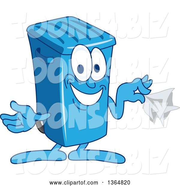 Vector Illustration of a Cartoon Blue Rolling Trash Can Bin Mascot Holding a Napkin
