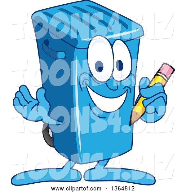 Vector Illustration of a Cartoon Blue Rolling Trash Can Bin Mascot Holding a Pencil