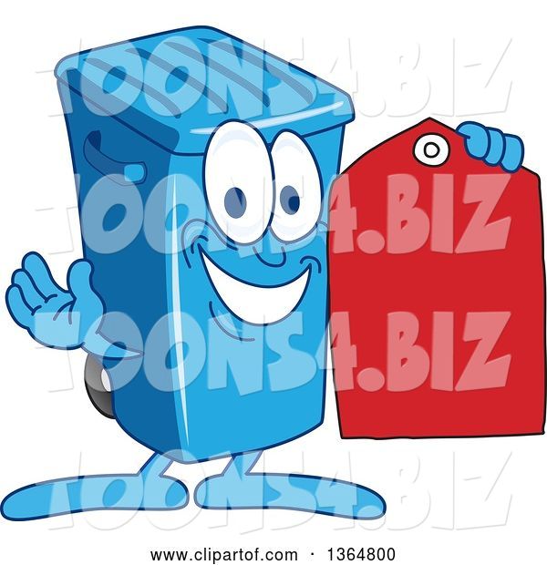 Vector Illustration of a Cartoon Blue Rolling Trash Can Bin Mascot Holding a Red Price Tag