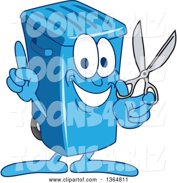 Vector Illustration of a Cartoon Blue Rolling Trash Can Bin Mascot Holding up a Finger and Scissors