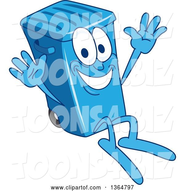Vector Illustration of a Cartoon Blue Rolling Trash Can Bin Mascot Jumping