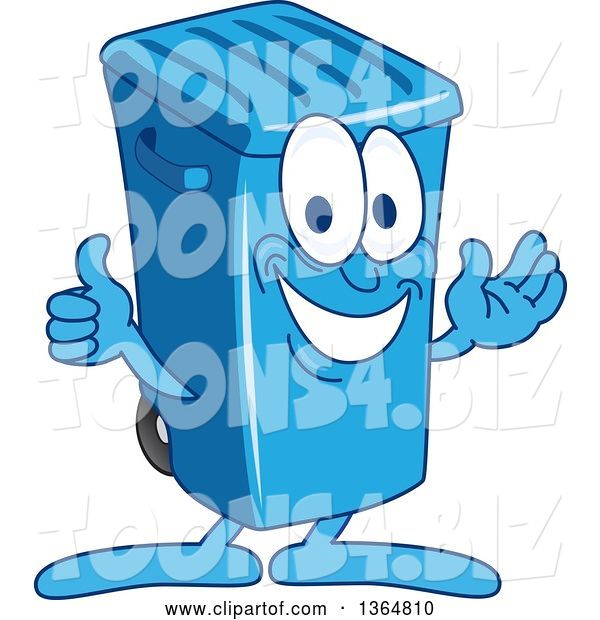 Vector Illustration of a Cartoon Blue Rolling Trash Can Bin Mascot Presenting and Giving a Thumb up