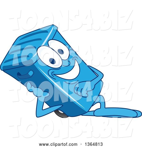 Vector Illustration of a Cartoon Blue Rolling Trash Can Bin Mascot Resting on His Side