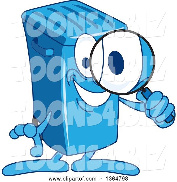Vector Illustration of a Cartoon Blue Rolling Trash Can Bin Mascot Searching with a Magnifying Glass