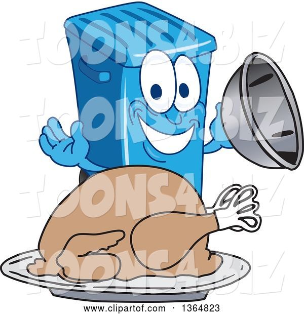 Vector Illustration of a Cartoon Blue Rolling Trash Can Bin Mascot Serving a Roasted Thanksgiving Turkey