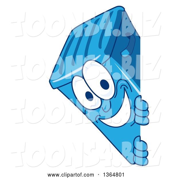 Vector Illustration of a Cartoon Blue Rolling Trash Can Bin Mascot Smiling Around a Sign