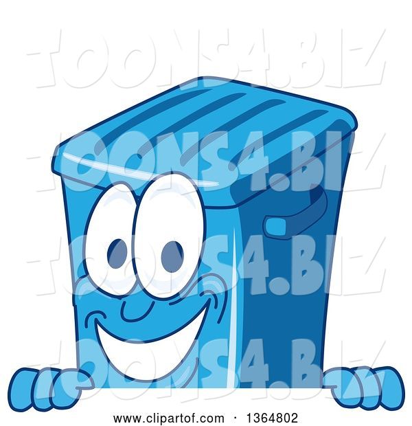 Vector Illustration of a Cartoon Blue Rolling Trash Can Bin Mascot Smiling over a Sign