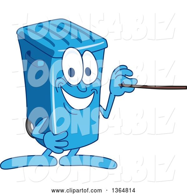 Vector Illustration of a Cartoon Blue Rolling Trash Can Bin Mascot Using a Pointer Stick