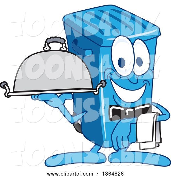 Vector Illustration of a Cartoon Blue Rolling Trash Can Bin Mascot Waiter Holding a Cloche Platter
