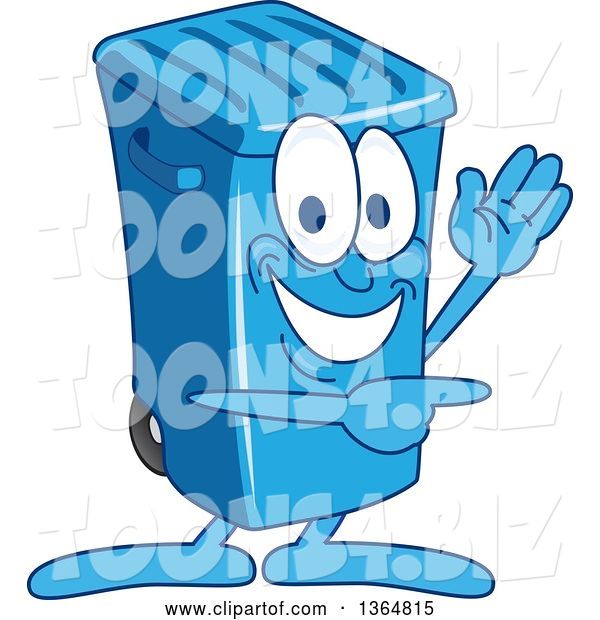 Vector Illustration of a Cartoon Blue Rolling Trash Can Bin Mascot Waving and Pointing
