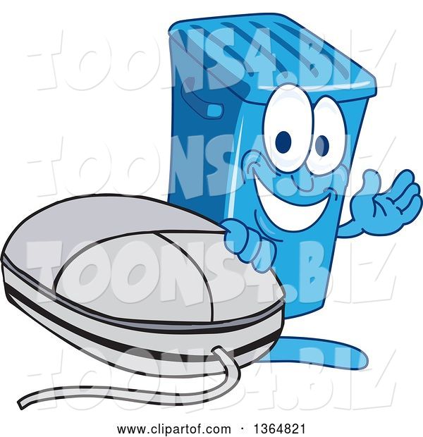 Vector Illustration of a Cartoon Blue Rolling Trash Can Bin Mascot Waving by a Computer Mouse