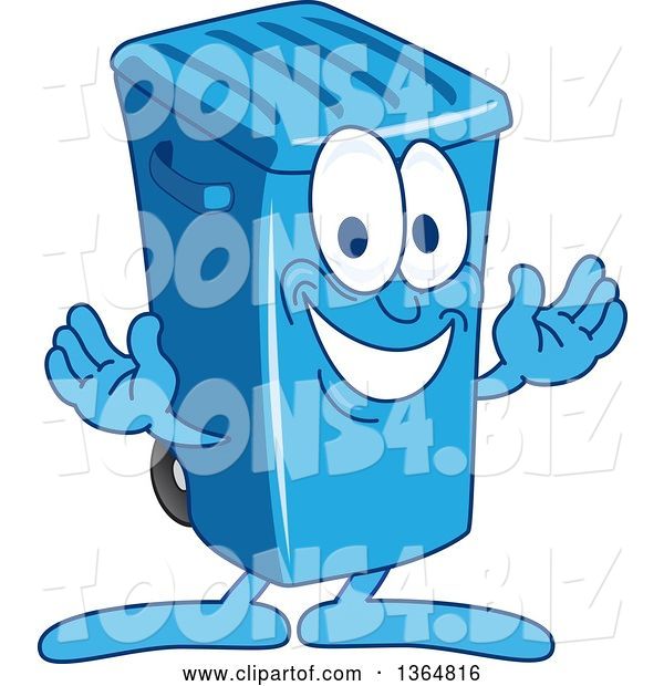 Vector Illustration of a Cartoon Blue Rolling Trash Can Bin Mascot Welcoming
