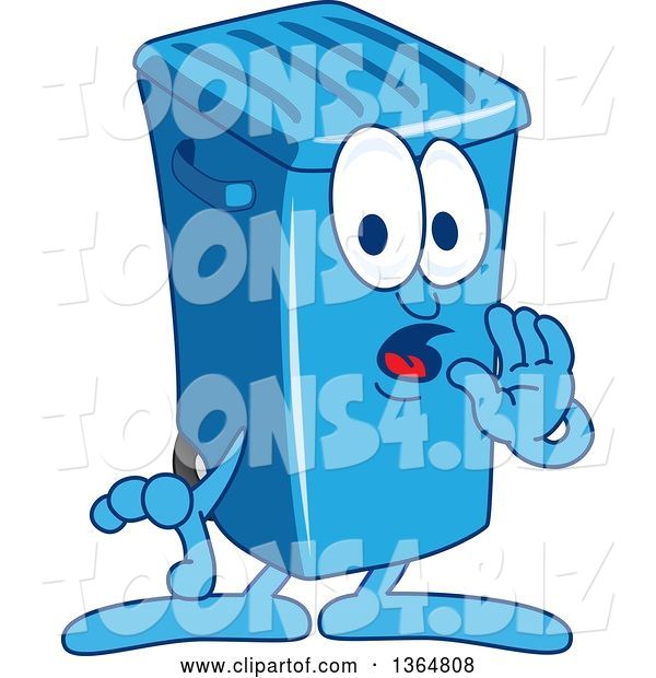 Vector Illustration of a Cartoon Blue Rolling Trash Can Bin Mascot Whispering