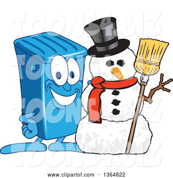 Vector Illustration of a Cartoon Blue Rolling Trash Can Bin Mascot with a Christmas Snowman
