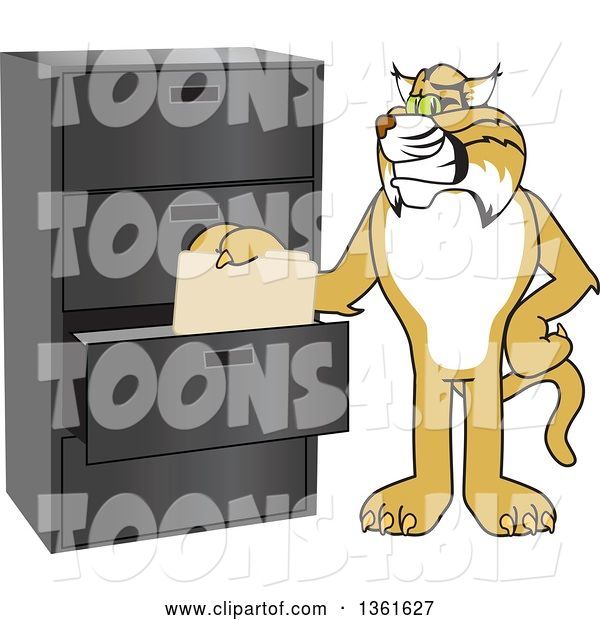 Vector Illustration of a Cartoon Bobcat Mascot Filing Folders, Symbolizing Organization