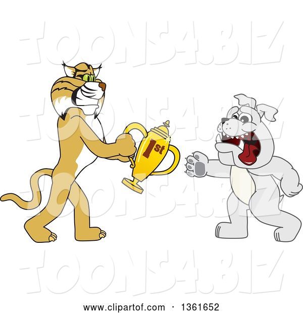 Vector Illustration of a Cartoon Bobcat Mascot Giving a First Place Trophy to a Bulldog, Symbolizing Teamwork and Sportsmanship