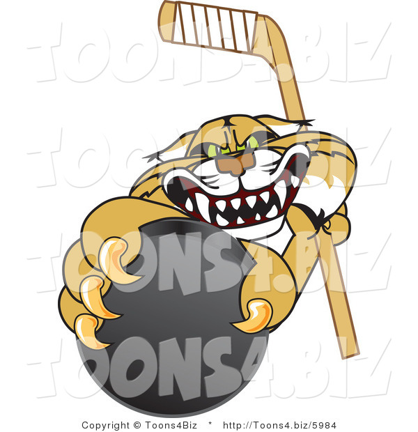 Vector Illustration of a Cartoon Bobcat Mascot Grabbing a Hockey Puck