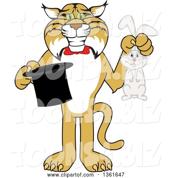 Vector Illustration of a Cartoon Bobcat Mascot Holding a Rabbit and a Magic Hat, Symbolizing Being Resourceful