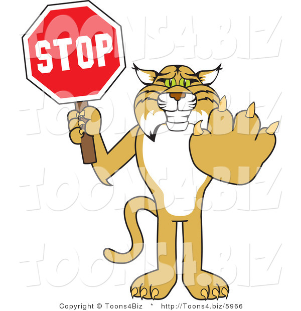 Vector Illustration of a Cartoon Bobcat Mascot Holding a Stop Sign