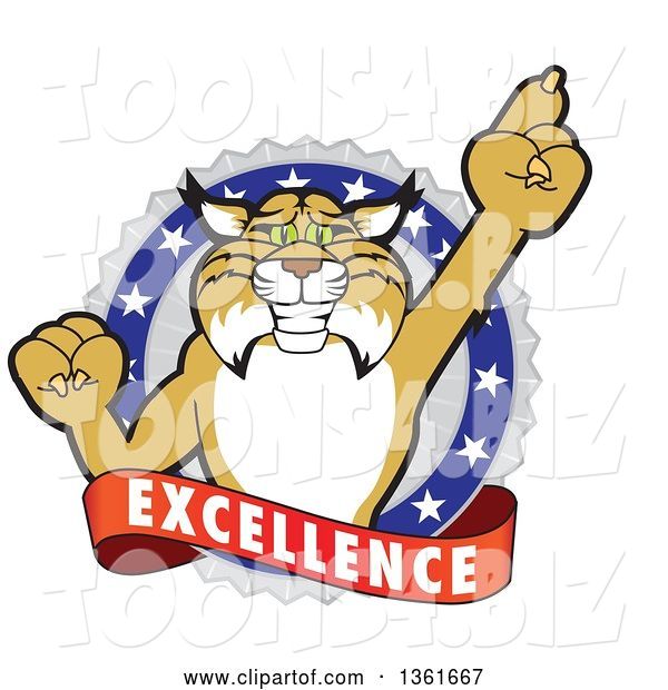 Vector Illustration of a Cartoon Bobcat Mascot Holding up a Finger in an Excellence Badge