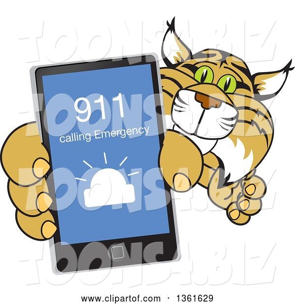Vector Illustration of a Cartoon Bobcat Mascot Holding up a Smart Phone with an Emergency Screen, Symbolizing Safety