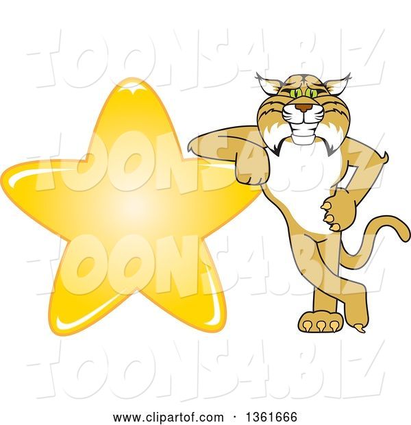 Vector Illustration of a Cartoon Bobcat Mascot Leaning Against a Gold Star, Symbolizing Excellence