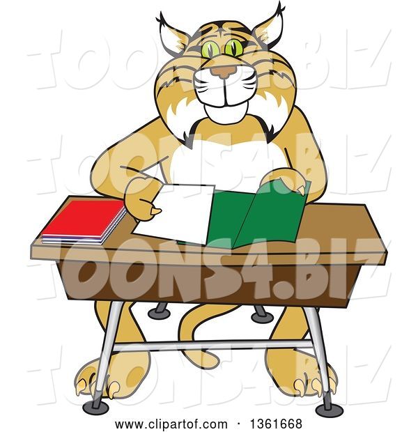 Vector Illustration of a Cartoon Bobcat Mascot Organizing and Doing Homework
