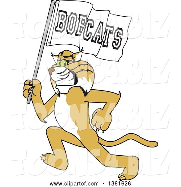 Vector Illustration of a Cartoon Bobcat Mascot Running with a Team Flag, Symbolizing Pride