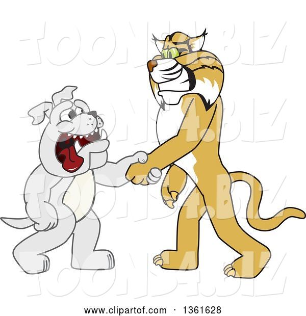 Vector Illustration of a Cartoon Bobcat Mascot Shaking Hands with a Bulldog, Symbolizing Acceptance and Introduction