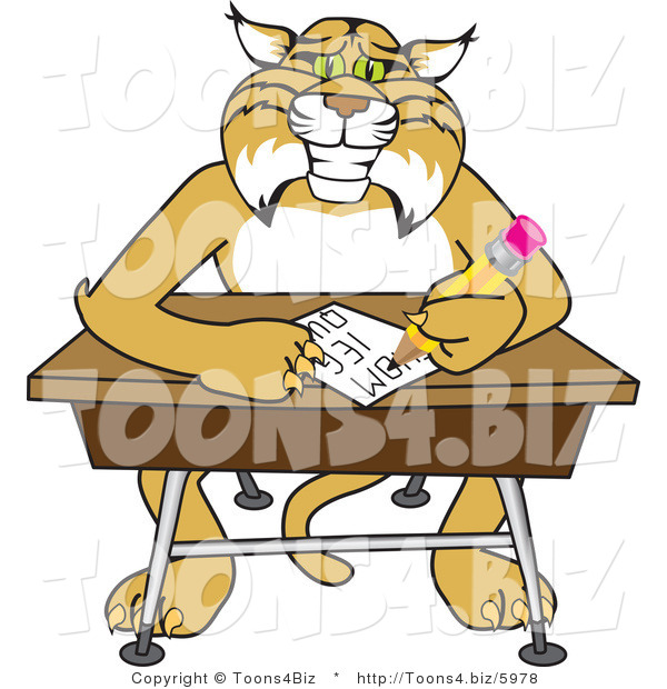 Vector Illustration of a Cartoon Bobcat Mascot Sitting at a Desk