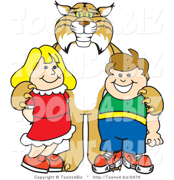 Vector Illustration of a Cartoon Bobcat Mascot with Students