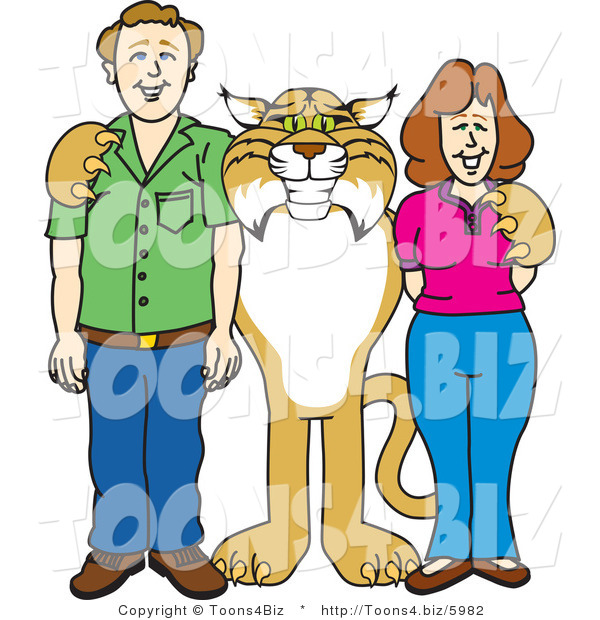 Vector Illustration of a Cartoon Bobcat Mascot with Teachers or Parents