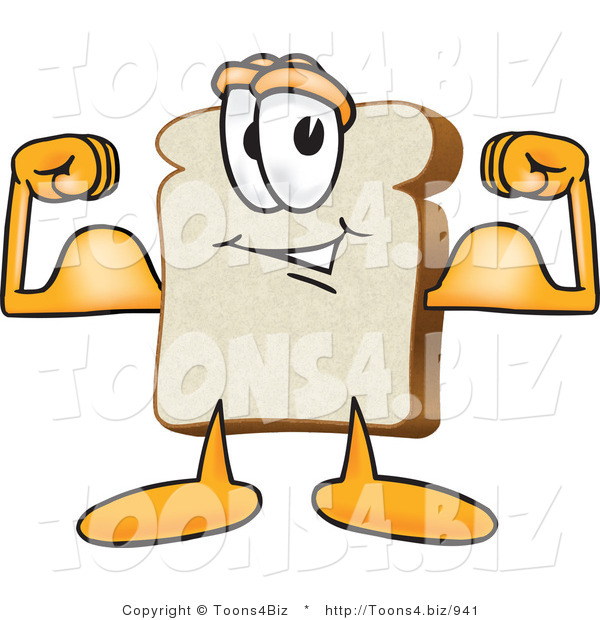 Vector Illustration of a Cartoon Bread Mascot Flexing His Strong Bicep Arm Muscles