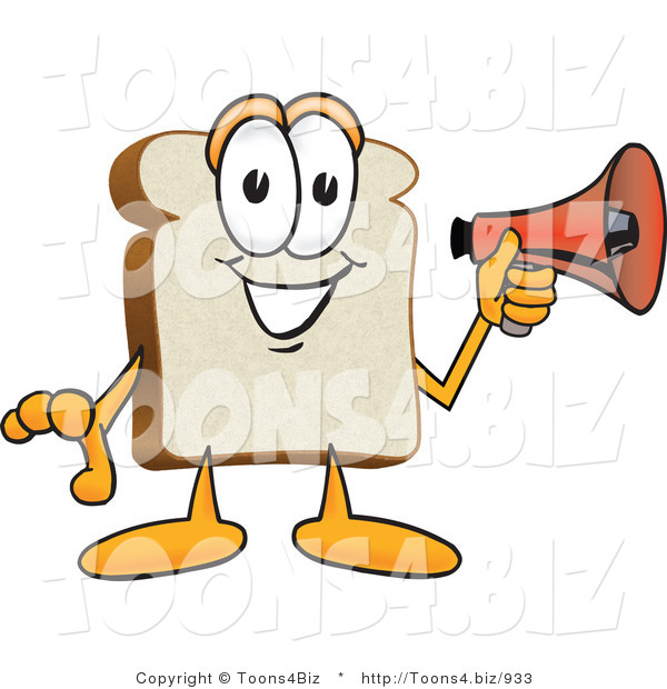 Vector Illustration of a Cartoon Bread Mascot Holding a Red Bullhorn Megaphone